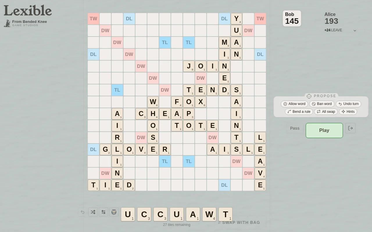Lexible game in progress on the desktop board surface
